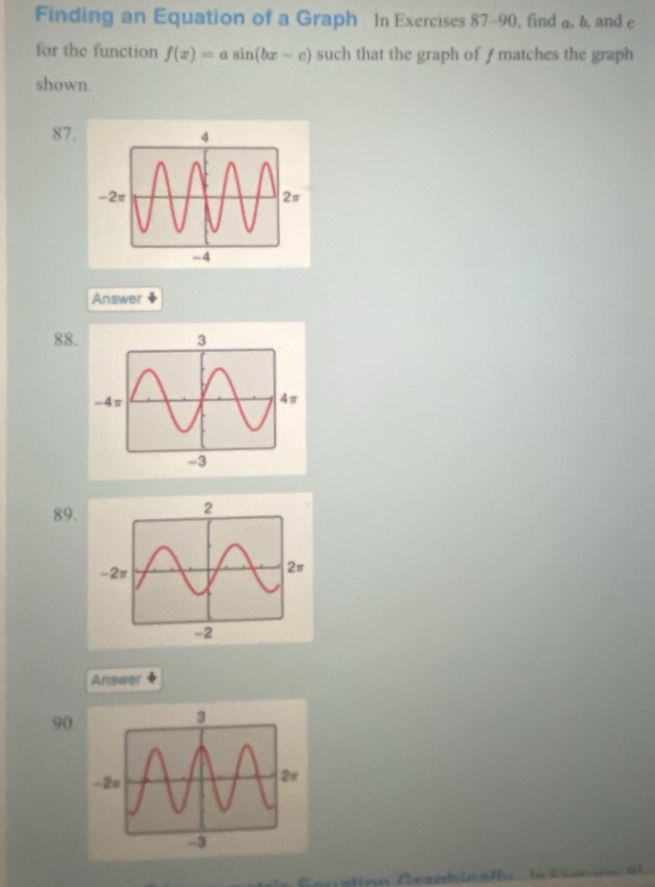 Finding an Equation of a Graph In Exercises 87-90, find a, 6, and e
for the function f(x)=asin (bx-c) such that the graph of f matches the graph 
shown. 
87. 
Answer 
88. 
89. 
Answer 
90. 
Gaation Granhinallu in Ééém i e d t