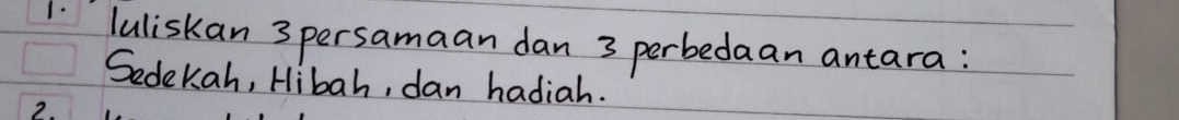 1- luliskan 3 persamaan dan 3 perbedaan antara: 
Sedekah, Hibah, dan hadiah. 
2.