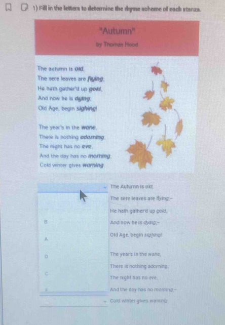 Solved: Fill in the letters to determine the rhyme scheme of each ...