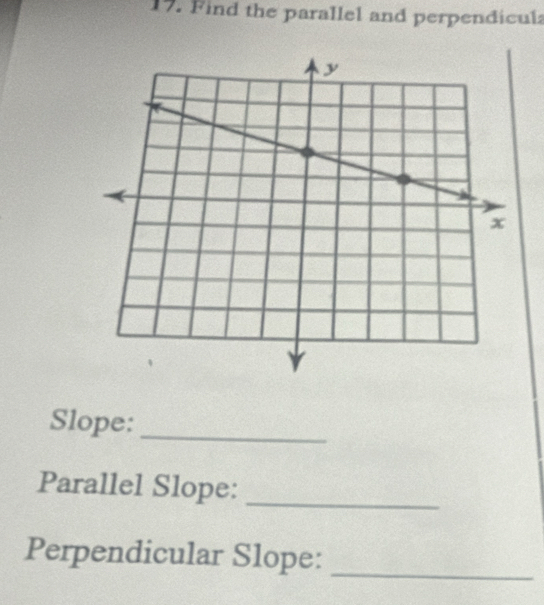 Find the parallel and perpendicula 
Slope:_ 
Parallel Slope:_ 
Perpendicular Slope:_