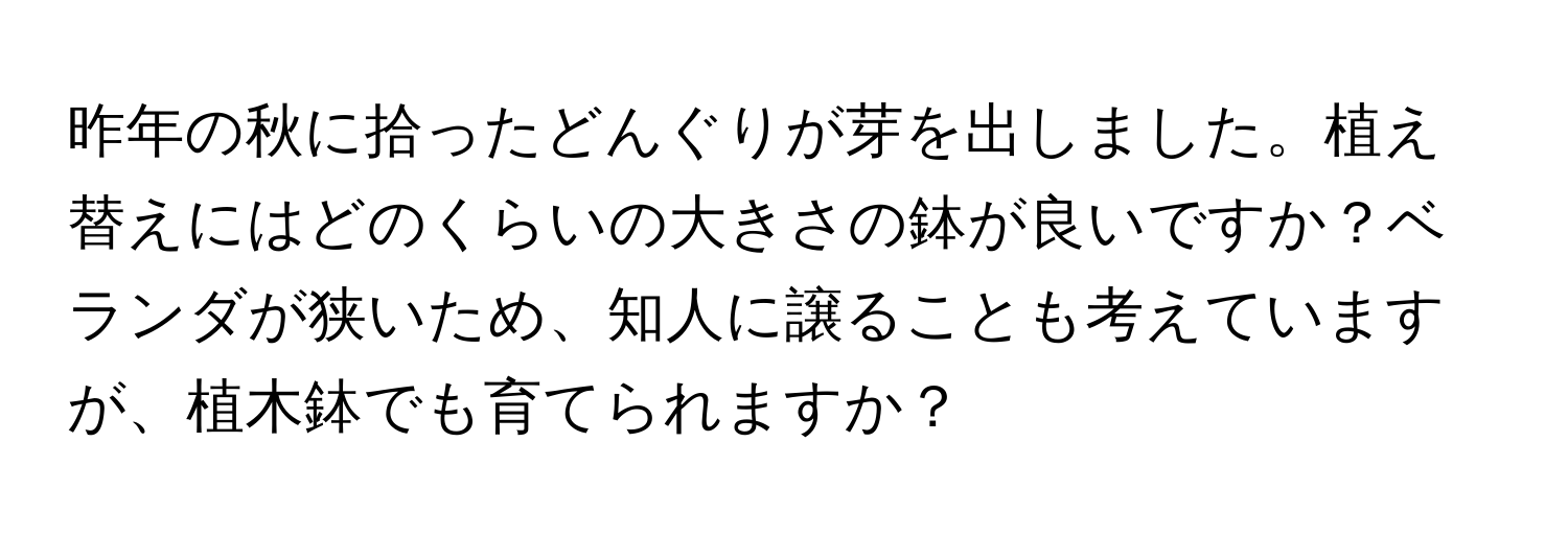 昨年の秋に拾ったどんぐりが芽を出しました。植え替えにはどのくらいの大きさの鉢が良いですか？ベランダが狭いため、知人に譲ることも考えていますが、植木鉢でも育てられますか？