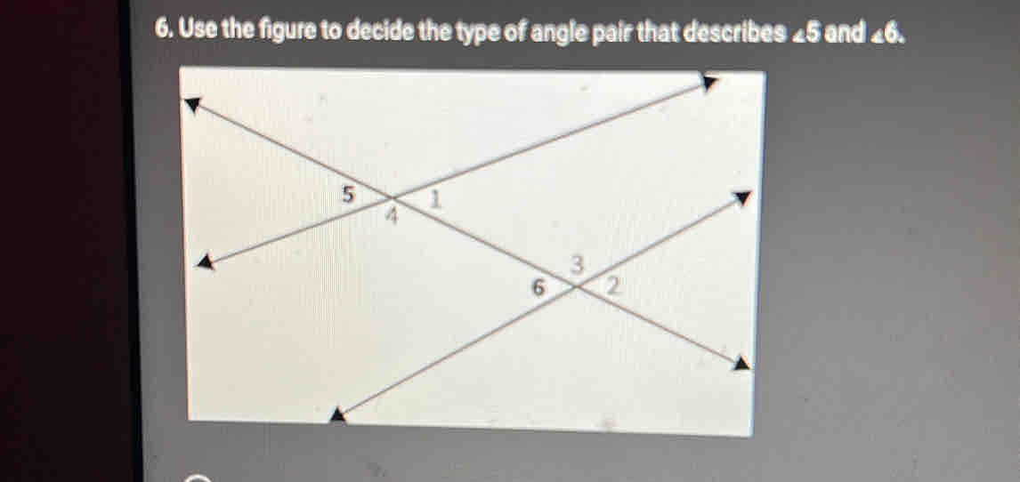 Use the figure to decide the type of angle pair that describes ∠ 5 and ∠ 6.