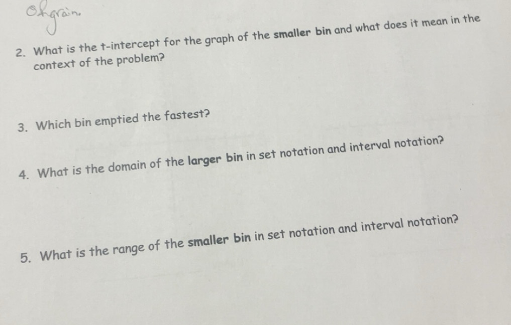 Solved: What is the t -intercept for the graph of the smaller bin and ...