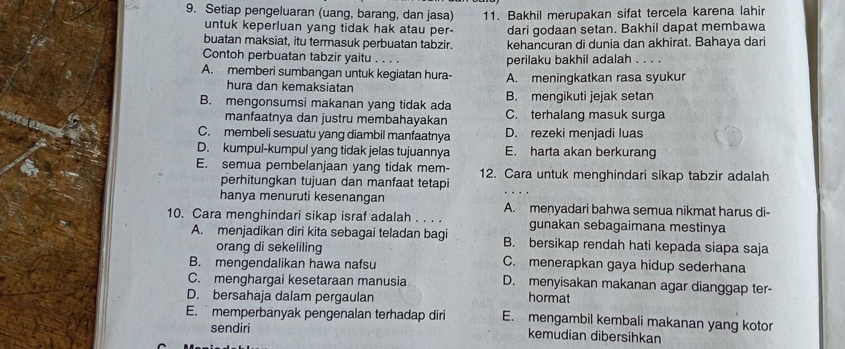 Setiap pengeluaran (uang, barang, dan jasa) 11. Bakhil merupakan sifat tercela karena lahir
untuk keperluan yang tidak hak atau per- dari godaan setan. Bakhil dapat membawa
buatan maksiat, itu termasuk perbuatan tabzir. kehancuran di dunia dan akhirat. Bahaya dari
Contoh perbuatan tabzir yaitu . . . .
perilaku bakhil adalah . . . .
A. memberi sumbangan untuk kegiatan hura-
A. meningkatkan rasa syukur
hura dan kemaksiatan
B. mengikuti jejak setan
B. mengonsumsi makanan yang tidak ada
manfaatnya dan justru membahayakan
C. terhalang masuk surga
C. membeli sesuatu yang diambil manfaatnya D. rezeki menjadi luas
D. kumpul-kumpul yang tidak jelas tujuannya E. harta akan berkurang
E. semua pembelanjaan yang tidak mem- 12. Cara untuk menghindari sikap tabzir adalah
perhitungkan tujuan dan manfaat tetapi
hanya menuruti kesenangan
A. menyadari bahwa semua nikmat harus di-
10. Cara menghindari sikap israf adalah . . . . gunakan sebagaimana mestinya
A. menjadikan diri kita sebagai teladan bagi B. bersikap rendah hati kepada siapa saja
orang di sekeliling
B. mengendalikan hawa nafsu C. menerapkan gaya hidup sederhana
C. menghargai kesetaraan manusia
D. menyisakan makanan agar dianggap ter-
D. bersahaja dalam pergaulan hormat
E.  memperbanyak pengenalan terhadap diri E. mengambil kembali makanan yang kotor
sendiri
kemudian dibersihkan