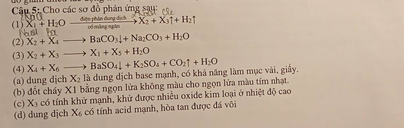 Cậu 5: Cho các sơ đồ phản ứng say: 
(1) X_1+H_2Oxrightarrow dienphandungdich X_2+X_3uparrow +H_2uparrow
(2) X_2+X_4to BaCO_3downarrow +Na_2CO_3+H_2O
(3) X_2+X_3to X_1+X_5+H_2O
(4) X_4+X_6to BaSO_4downarrow +K_2SO_4+CO_2uparrow +H_2O
(a) dung dịch X_2 là dung dịch base mạnh, có khả năng làm mục vải, giấy. 
(b) đốt cháy X1 bằng ngọn lửa không màu cho ngọn lửa màu tím nhạt. 
(c) 1 X_3 có tính khử mạnh, khử được nhiều oxide kim loại ở nhiệt độ cao 
(d) dung dịch X_6 có tính acid mạnh, hòa tan được đá vôi