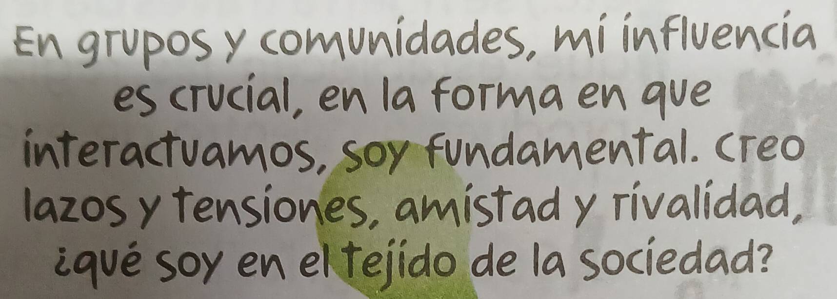 En gruposy comunidades, mi influencia 
escrucial, en la forma en gue 
interactuamos, soy fundamental. cTeo 
lazosytensiones, amistady rivalidad, 
eque soy en eltelido de la sociedad?