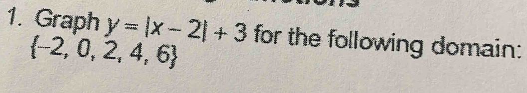 Graph y=|x-2|+3 for the following domain:
 -2,0,2,4,6