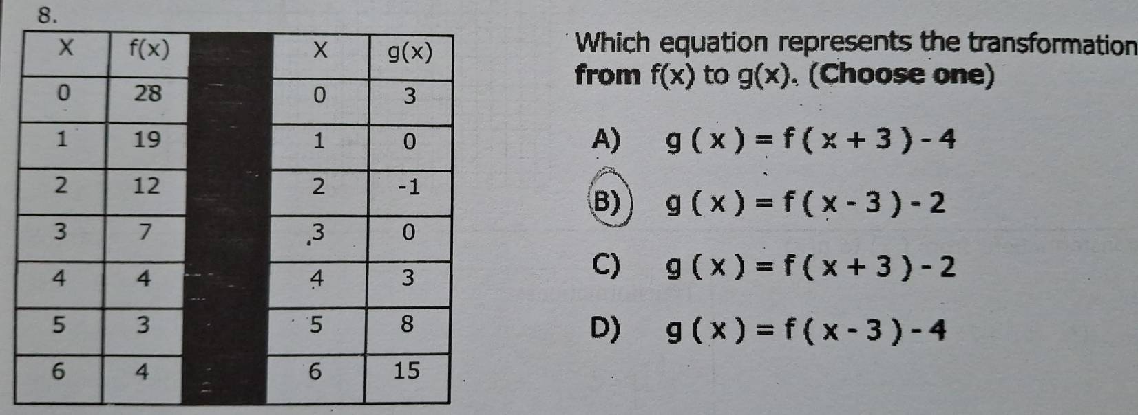 Which equation represents the transformation
from f(x) to g(x). (Choose one)
A) g(x)=f(x+3)-4
B) g(x)=f(x-3)-2
C) g(x)=f(x+3)-2
D) g(x)=f(x-3)-4