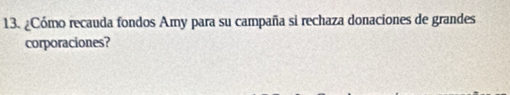 ¿Cómo recauda fondos Amy para su campaña si rechaza donaciones de grandes 
corporaciones?