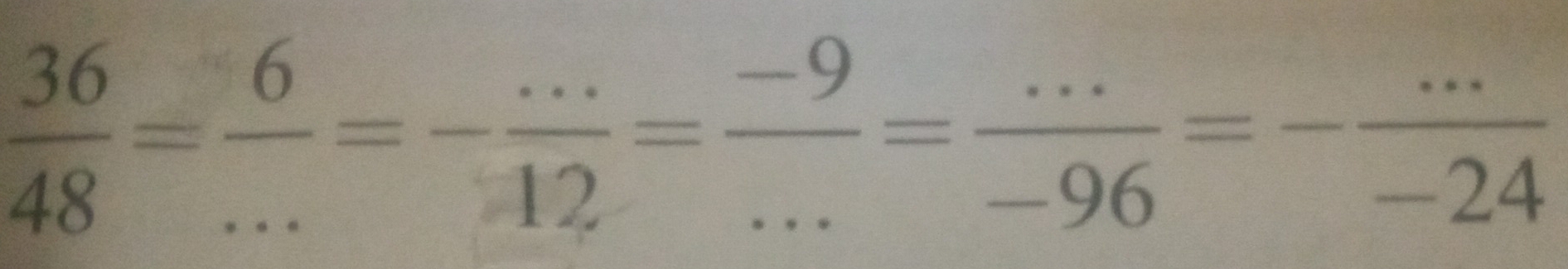  36/48 = 6/... = (...)/12 = (-9)/... = (...)/-96 =- (...)/-24 