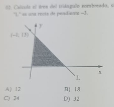 Calcule el área del triángulo sombreado, s
''L'' es una recta de pendiente -3.
A) 12 B) 18
C) 24 D) 32