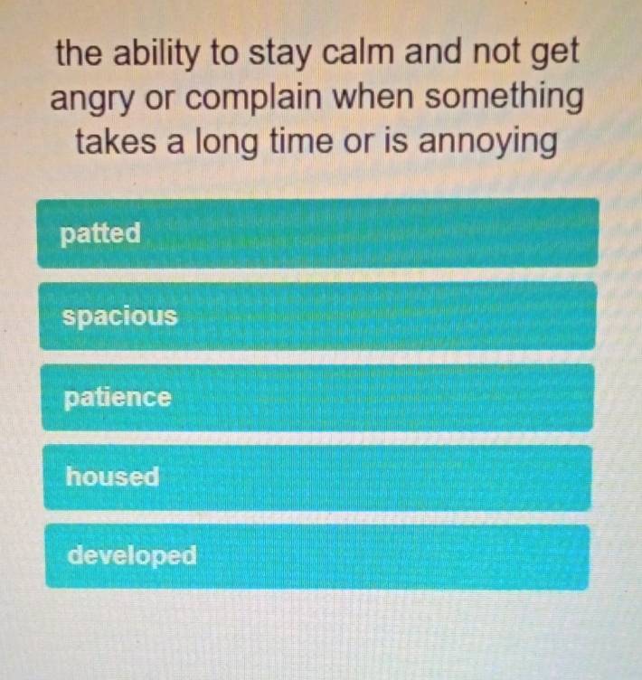 the ability to stay calm and not get
angry or complain when something
takes a long time or is annoying
patted
spacious
patience
housed
developed