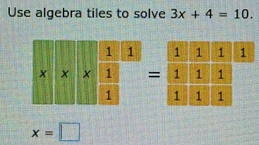 Use algebra tiles to solve 3x+4=10.
x=□