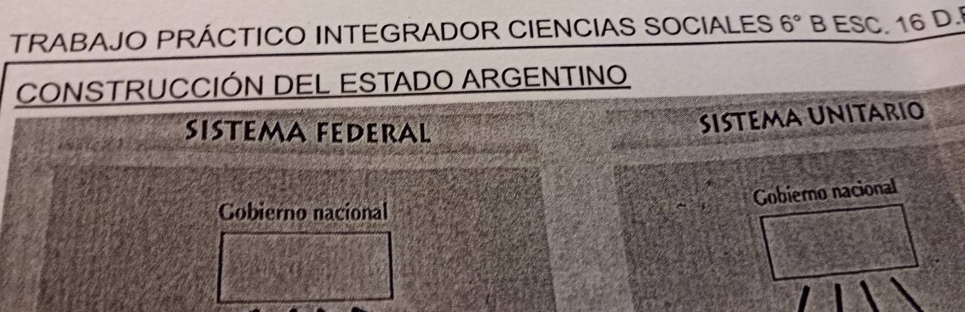 TRABAJO PRÁCTICO INTEGRADOR CIENCIAS SOCIALES 6° B ESC. 16 D. 
CONSTRUCCIÓN DEL ESTADO ARGENTINO 
SISTEMA FEDEraL 
SISTEMAUNItARiO 
Gobierno nacional 
Gobierno nacional