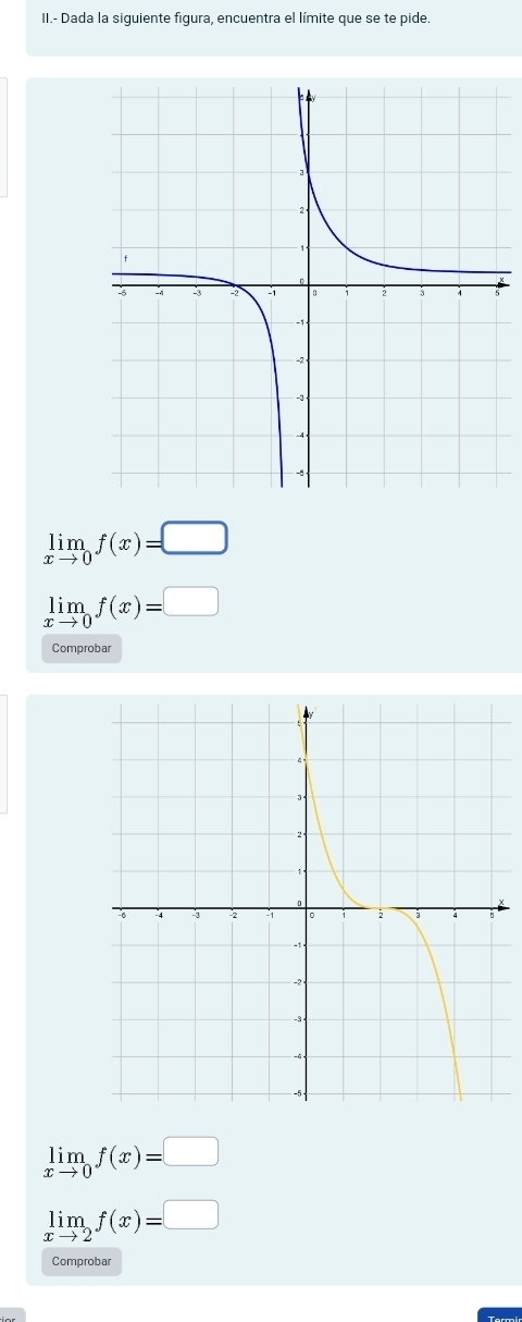 II.- Dada la siguiente figura, encuentra el límite que se te pide.
limlimits _xto 0f(x)=□
limlimits _xto 0f(x)=□
Comprobar
limlimits _xto 0f(x)=□
limlimits _xto 2f(x)=□
Comprobar