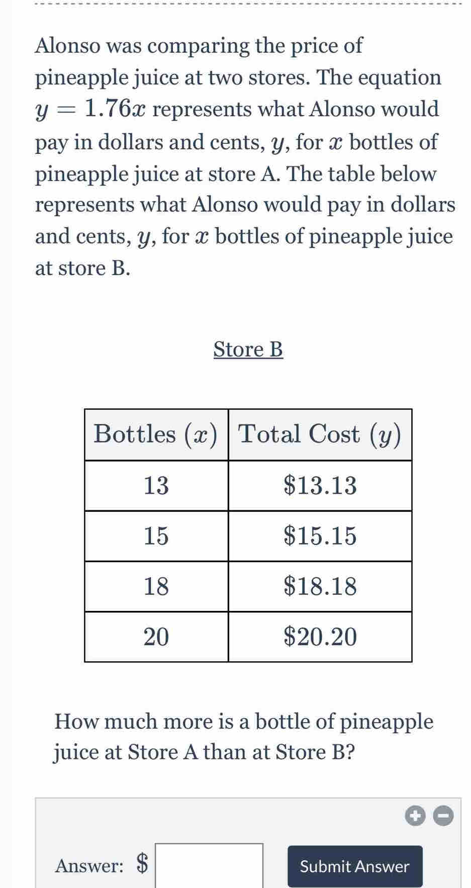 Alonso was comparing the price of 
pineapple juice at two stores. The equation
y=1.76x represents what Alonso would 
pay in dollars and cents, y, for x bottles of 
pineapple juice at store A. The table below 
represents what Alonso would pay in dollars 
and cents, y, for x bottles of pineapple juice 
at store B. 
Store B 
How much more is a bottle of pineapple 
juice at Store A than at Store B? 
Answer: $□ Submit Answer