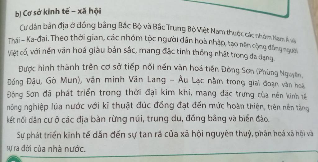 Cơ sở kinh tế - xã hội 
Cư dân bản địa ở đồng bằng Bắc Bộ và Bắc Trung Bộ Việt Nam thuộc các nhóm Nam Á và 
Thái - Ka-đai. Theo thời gian, các nhóm tộc người dần hoà nhập, tạo nên cộng đồng người 
Việt cổ, với nền văn hoá giàu bản sắc, mang đặc tính thống nhất trong đa dạng. 
Được hình thành trên cơ sở tiếp nối nền văn hoá tiền Đông Sơn (Phùng Nguyên, 
Đồng Đậu, Gò Mun), văn minh Văn Lang - Âu Lạc nằm trong giai đoạn văn hoá 
Đông Sơn đã phát triển trong thời đại kim khí, mang đặc trưng của nền kinh tế 
nông nghiệp lúa nước với kĩ thuật đúc đồng đạt đến mức hoàn thiện, trên nền tảng 
kết nối dân cư ở các địa bàn rừng núi, trung du, đồng bằng và biển đảo. 
Sự phát triển kinh tế dẫn đến sự tan rã của xã hội nguyên thuỷ, phân hoá xã hội và 
sự ra đời của nhà nước.