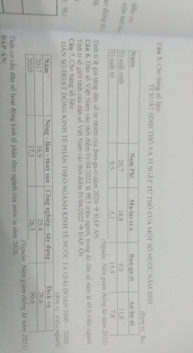 Cho bảng số liệu: 
Tỉ suát sinh thô và tỉ suát từ thô của một số nước năm 2020
dân cư. 
của một
10 động xin 
g. Tính tỉ lệ gia tăng dân số tự nhiên của Bun-ga-ri năm 2020 → ĐÁP ÁN: 
Câu 6. Dân số Việt Nam vào thời điểm 01/04/2022 là 99,5 triệu người, trong đó dân số nam là 49, 6 triệu người. 
Tính tỉ số giới tính của dân số Việt Nam vào thời điểm 01/04/2022 → ĐÁP ÁN: 
Câu 7. Cho bàng số liệu: 
(: %) DâN SÓ HOẠT độNG KINH TÉ phÂN THEO NGẢNH KINH TÉ NƯỚC TA GIAI ĐOẠN 2000 - 2020 
ười) 
Tính cơ cầu dân số hoạt động kinh tế phân theo ngành của nước ta năm 2020. 
ĐÁP Án: