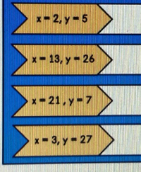 x=2, y=5
x=13, y=26
x=21, y=7
x=3, y=27