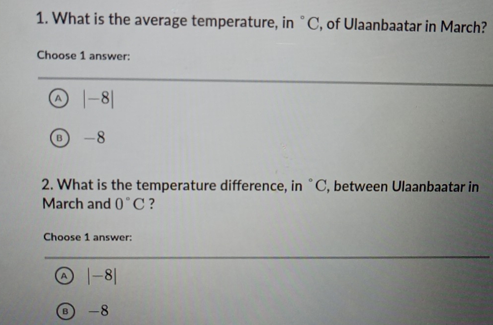 What is the average temperature, in°C , of Ulaanbaatar in March?
Choose 1 answer:
A |-8|
B -8
2. What is the temperature difference, in°C , between Ulaanbaatar in
March and 0°C ?
Choose 1 answer:
A |-8|
B -8