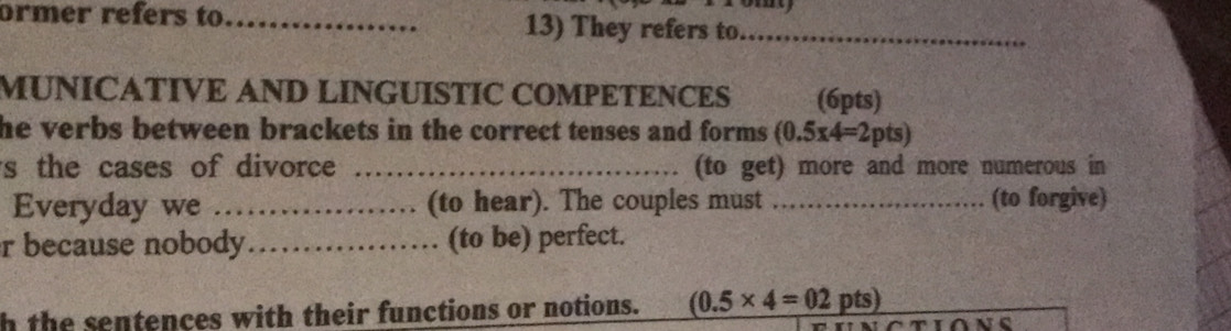 ormer refers to _13) They refers to_ 
MUNICATIVE AND LINGUISTIC COMPETENCES (6pts) 
he verbs between brackets in the correct tenses and forms . (0.5x4=2pts)
s the cases of divorce _(to get) more and more numerous in 
Everyday we _(to hear). The couples must _(to forgive) 
r because nobody_ (to be) perfect. 
h the sentences with their functions or notions. _ (0.5* 4=02pts)