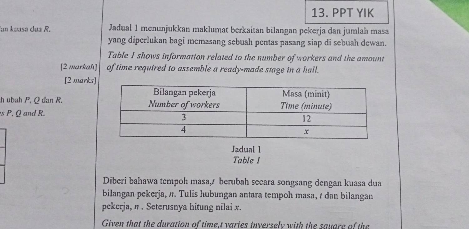 PPT YIK 
Ian kuasa dua R. Jadual 1 menunjukkan maklumat berkaitan bilangan pekerja dan jumlah masa 
yang diperlukan bagi memasang sebuah pentas pasang siap di sebuah dewan. 
Table 1 shows information related to the number of workers and the amount 
[2 markah] of time required to assemble a ready-made stage in a hall. 
[2 marks] 
h ubah P, Q dan R. 
s P. Q and R. 
Jadual 1 
Table 1 
Diberi bahawa tempoh masa,₹ berubah secara songsang dengan kuasa dua 
bilangan pekerja, n. Tulis hubungan antara tempoh masa, t dan bilangan 
pekerja, n. Seterusnya hitung nilai x. 
Given that the duration of time, t varies inversely with the square of the