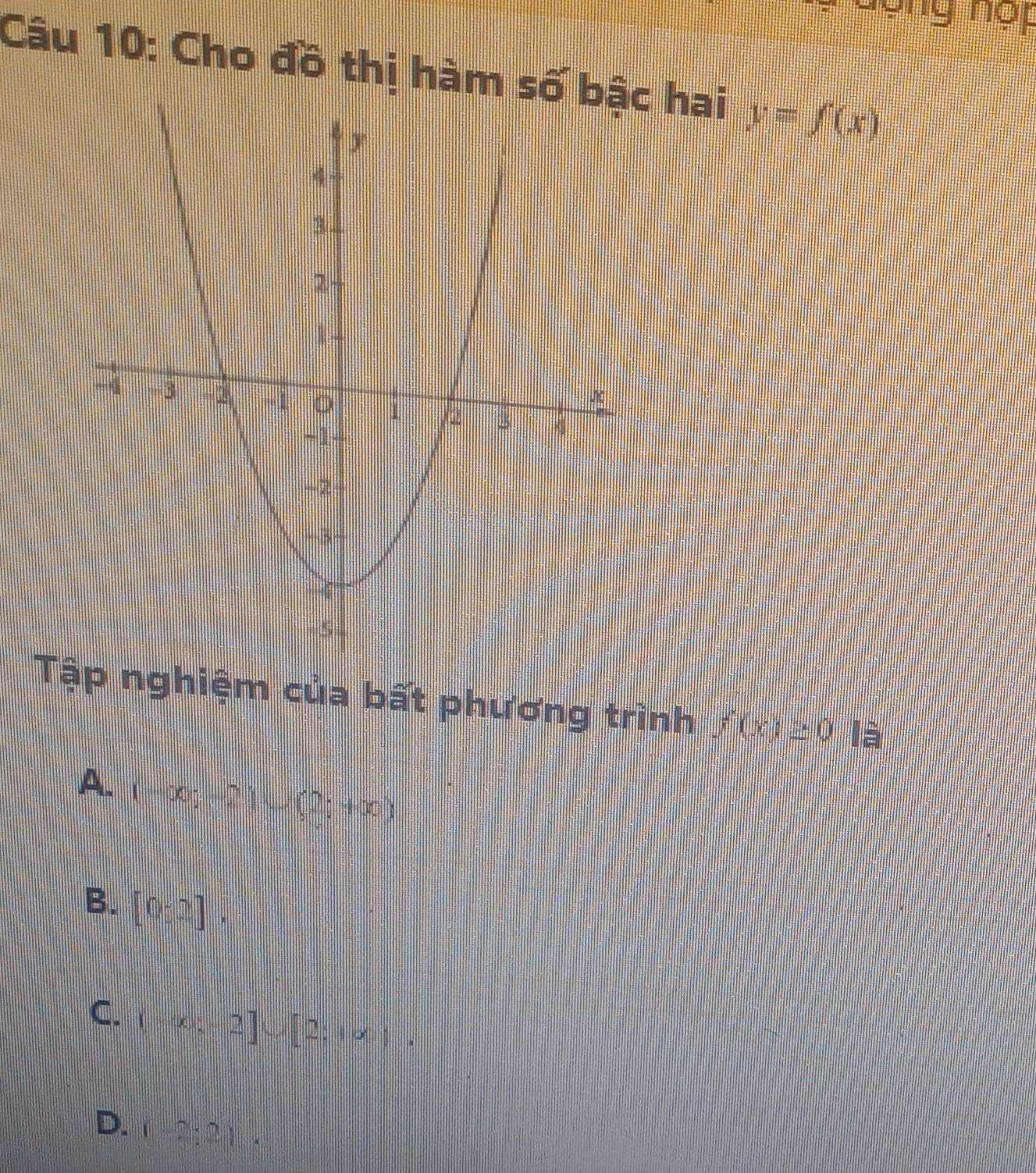 dộng nợp
Câu 10: Cho đồ thị hàm hai y=f(x)
Tập nghiệm của bất phương trình f(x)≥ 0 là
A、 (-∈fty ,-2)∪ (2;+∈fty )
B. [0;2].
C. (-∈fty ,2]∪ [2;+∈fty ).
D. (2;2).