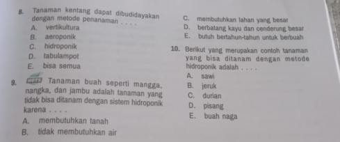 Tanaman kentang dapat dibudidayakan C. membutuhkan lahan yang besa
dengan metode penanaman . . . .
A. vertikultura D. berbatang kayu dan cenderung besa
B. aeroponik E. butuh bertahun-tahun untuk berbuah
C. hidroponik 10. Berikut yang merupakan contoh tanaman
D. tabulampot yang bisa ditanam dengan metode
E. bisa semua hidroponik adalah . . .
A. sawi
9. Tanaman buah seperti mangga. B. jeruk
nangka, dan jambu adalah tanaman yang C. durian
tidak bisa ditanam dengan sistem hidroponik
karena . . . . D. pisang E. buah naga
A. membutuhkan tanah
B. tidak membutuhkan air