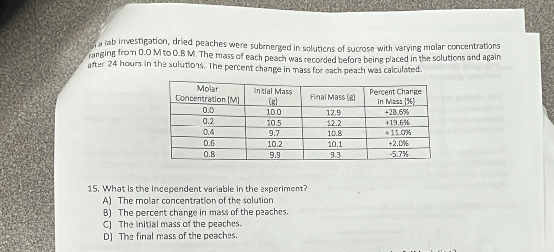 a lab investigation, dried peaches were submerged in solutions of sucrose with varying molar concentrations
ranging from 0.0 M to 0.8 M. The mass of each peach was recorded before being placed in the solutions and again
after 24 hours in the solutions. The percent change in mass for each peach was calculated.
15. What is the independent variable in the experiment?
A) The molar concentration of the solution
B) The percent change in mass of the peaches.
C) The initial mass of the peaches.
D) The final mass of the peaches.