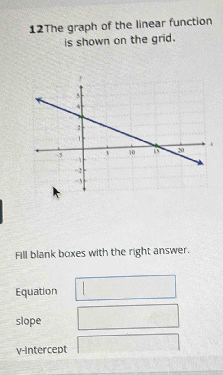 12The graph of the linear function 
is shown on the grid. 
Fill blank boxes with the right answer. 
Equation 
slope 
v-intercept