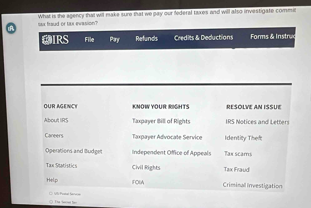 What is the agency that will make sure that we pay our federal taxes and will also investigate commit 
IA tax fraud or tax evasion? 
WIRS File Pay Refunds Credits & Deductions Forms & Instruc 
OUR AGENCY KNOW YOUR RIGHTS RESOLVE AN ISSUE 
About IRS Taxpayer Bill of Rights IRS Notices and Letters 
Careers Taxpayer Advocate Service Identity Theft 
Operations and Budget Independent Office of Appeals Tax scams 
Tax Statistics Civil Rights Tax Fraud 
Help FOIA Criminal Investigation 
US Postal Servcie 
The Secret Ser