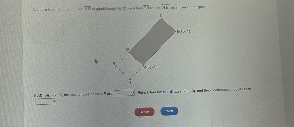 A square is constructed on side overline AD of quadrilateral ABCD such tha overline FA lies on overleftrightarrow AB , as shown in the figure.
If AD:AB=2:5 , the coordinates of point F are  . Point E has the coordinates (2.8,-3) , and the coordinates of point D are
Reset Next