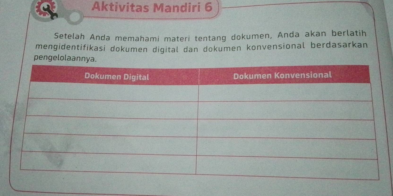 Aktivitas Mandiri 6 
Setelah Anda memahami materi tentang dokumen, Anda akan berlatih 
mengidentifikasi dokumen digital dan dokumen konvensional berdasarkan 
pengelolaan