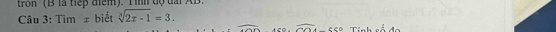 tron (B là tiếp điểm). Tình độ đài AB. 
Câu 3: Tìm x biết sqrt[3](2x-1)=3.
overline r 1so . widehat COA-55° Tính số đo