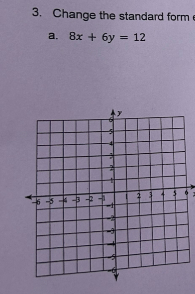 Change the standard form 
a. 8x+6y=12
6