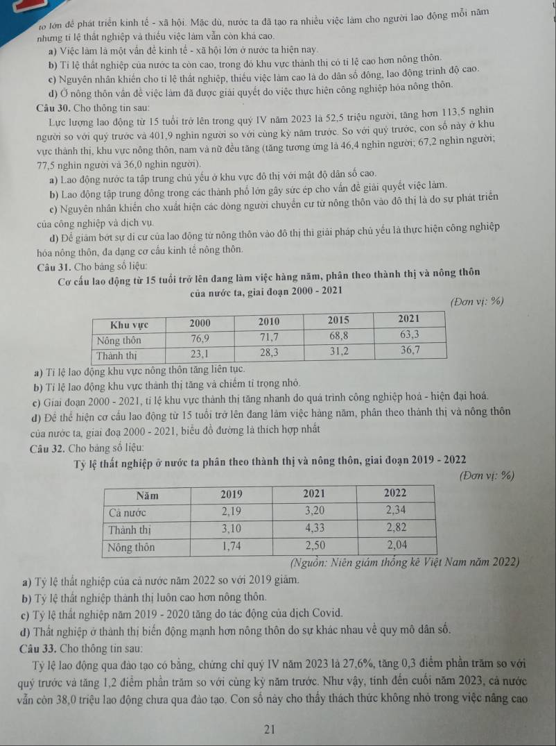 lo lớn để phát triển kinh tế - xã hội. Mặc dù, nước ta đã tạo ra nhiều việc làm cho người lao động mỗi năm
nhưng tí lệ thất nghiệp và thiều việc làm vẫn còn khả cao.
a) Việc làm là một vấn để kinh tế - xã hội lớn ở nước ta hiện nay.
b) Tỉ lệ thất nghiệp của nước ta còn cao, trong đó khu vực thành thị có tỉ lệ cao hơn nông thôn.
c) Nguyên nhân khiến cho tỉ lệ thất nghiệp, thiếu việc làm cao là do dân số đông, lao động trình độ cao.
d) Ở nông thôn vần đề việc làm đã được giải quyết do việc thực hiện công nghiệp hóa nông thôn.
Câu 30. Cho thông tin sau:
Lực lượng lao động từ 15 tuổi trở lên trong quý IV năm 2023 là 52,5 triệu người, tăng hơn 113,5 nghin
người so với quý trước và 401,9 nghin người so với cùng kỳ năm trước. So với quý trưởc, con số này ở khu
vực thành thị, khu vực nông thôn, nam và nữ đều tăng (tăng tương ứng là 46,4 nghin người; 67,2 nghìn người;
77,5 nghin người và 36,0 nghìn người).
a) Lao động nước ta tập trung chủ yếu ở khu vực đô thị với mật độ dân số cao.
b) Lao động tập trung đông trong các thành phố lớn gây sức ép cho vấn đề giải quyết việc làm.
c) Nguyên nhân khiến cho xuất hiện các dòng người chuyển cư từ nông thôn vào đô thị là do sự phát triển
của công nghiệp và dịch vụ.
d) Để giám bớt sự di cư của lao động từ nông thôn vào đô thị thì giải pháp chủ yếu là thực hiện công nghiệp
hóa nông thôn, đa dạng cơ cấu kinh tể nông thôn.
Câu 31. Cho bảng số liệu:
Cơ cấu lao động từ 15 tuổi trở lên đang làm việc hàng năm, phân theo thành thị và nông thôn
của nước ta, giai đoạn 2000 - 2021
(Đơn vị: %)
a) Tỉ lệ lao động khu vực nông thôn tăng liên tục.
b) Tỉ lệ lao động khu vực thành thị tăng và chiếm tỉ trọng nhỏ.
c) Giai đoạn 2000 - 2021, tỉ lệ khu vực thành thị tăng nhanh do quá trình công nghiệp hoả - hiện đại hoá.
d) Để thể hiện cơ cầu lao động từ 15 tuổi trở lên đang làm việc hàng năm, phân theo thành thị và nông thôn
của nước ta, giai đoạ 2000 - 2021, biểu đồ đường là thích hợp nhất
Câu 32. Cho bảng số liệu:
Tỷ lệ thất nghiệp ở nước ta phân theo thành thị và nông thôn, giai đoạn 2019 - 2022
Đơn vị: %)
(Ngu năm 2022)
a) Tỷ lệ thất nghiệp của cả nước năm 2022 so với 2019 giâm.
b) Tỷ lệ thất nghiệp thành thị luôn cao hơn nông thôn.
c) Tỷ lệ thất nghiệp năm 2019 - 2020 tăng do tác động của dịch Covid.
d) Thất nghiệp ở thành thị biến động mạnh hơn nông thôn do sự khác nhau về quy mô dân số.
Câu 33. Cho thông tin sau:
Tỷ lệ lao động qua đào tạo có bằng, chứng chỉ quý IV năm 2023 là 27,6%, tăng 0,3 điểm phần trăm so với
quý trước và tăng 1,2 điểm phần trăm so với cùng kỷ năm trước. Như vậy, tinh đến cuối năm 2023, cả nước
vẫn còn 38,0 triệu lao động chưa qua đào tạo. Con số này cho thấy thách thức không nhỏ trong việc nâng cao
21