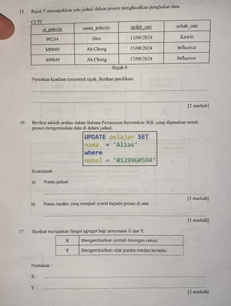 Rajah 9 menunjukkan satu jadual dalam proses menghasilkan pangkalan data 
Nyatakan keadaan ternormal rajah. Berikan justifikasi 
_ 
_ 
[2 markah] 
16 Berikut adalah arahan dalam Bahasa Pertanyaan Berstruktur SQL yang digunakan untuk 
proses mengemaskini data di dalam jadual. 
UPDATE pelajar SET 
nama ='Alias 
where 
notel ='0129960594'
Kcnalpasti 
a) Nama jadual 
_ 
[1 markah] 
b) Nama medan yang menjadi syarat kepada proses di atas 
_ 
[l markah] 
17 Berikut merupakan fungsi agregat bagi penyataan X dan Y. 
Nyatakan :
X :_
Y :_ 
[2 markah]