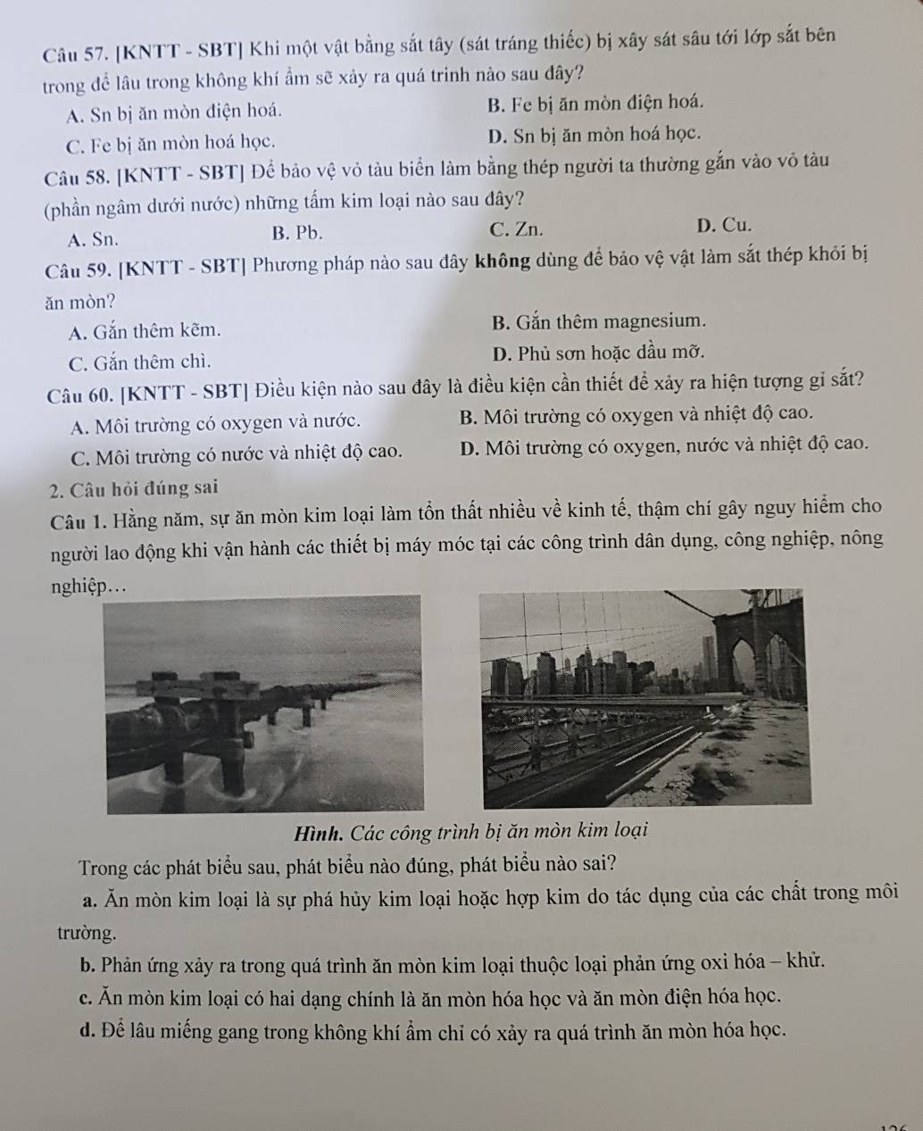 [KNTT - SBT] Khi một vật bằng sắt tây (sát tráng thiếc) bị xây sát sâu tới lớp sắt bên
trong để lâu trong không khí ẩm sẽ xảy ra quá trinh nào sau đây?
A. Sn bị ăn mòn điện hoá. B. Fe bị ăn mòn điện hoá.
C. Fe bị ăn mòn hoá học. D. Sn bị ăn mòn hoá học.
Câu 58. [KNTT - SBT] Để bảo vệ vỏ tàu biển làm bằng thép người ta thường gắn vào vỏ tàu
(phần ngâm dưới nước) những tấm kim loại nào sau đây?
A. Sn. B. Pb. C. Zn. D. Cu.
Câu 59. [KNTT - SBT] Phương pháp nào sau đây không dùng để bảo vệ vật làm sắt thép khỏi bị
ǎn mòn?
A. Gắn thêm kẽm.
B. Gắn thêm magnesium.
C. Gắn thêm chì. D. Phủ sơn hoặc dầu mỡ.
Câu 60. [KNTT - SBT] Điều kiện nào sau đây là điều kiện cần thiết để xảy ra hiện tượng gỉ sắt?
A. Môi trường có oxygen và nước. B. Môi trường có oxygen và nhiệt độ cao.
C. Môi trường có nước và nhiệt độ cao. D. Môi trường có oxygen, nước và nhiệt độ cao.
2. Câu hỏi đúng sai
Câu 1. Hằng năm, sự ăn mòn kim loại làm tồn thất nhiều về kinh tế, thậm chí gây nguy hiểm cho
người lao động khi vận hành các thiết bị máy móc tại các công trình dân dụng, công nghiệp, nông
nghiệp...
Hình. Các công trình bị ăn mòn kim loại
Trong các phát biểu sau, phát biểu nào đúng, phát biểu nào sai?
a. Ăn mòn kim loại là sự phá hủy kim loại hoặc hợp kim do tác dụng của các chất trong môi
trường.
b. Phản ứng xảy ra trong quá trình ăn mòn kim loại thuộc loại phản ứng oxi hóa - khử.
c. Ăn mòn kim loại có hai dạng chính là ăn mòn hóa học và ăn mòn điện hóa học.
d. Để lâu miếng gang trong không khí ẩm chỉ có xảy ra quá trình ăn mòn hóa học.