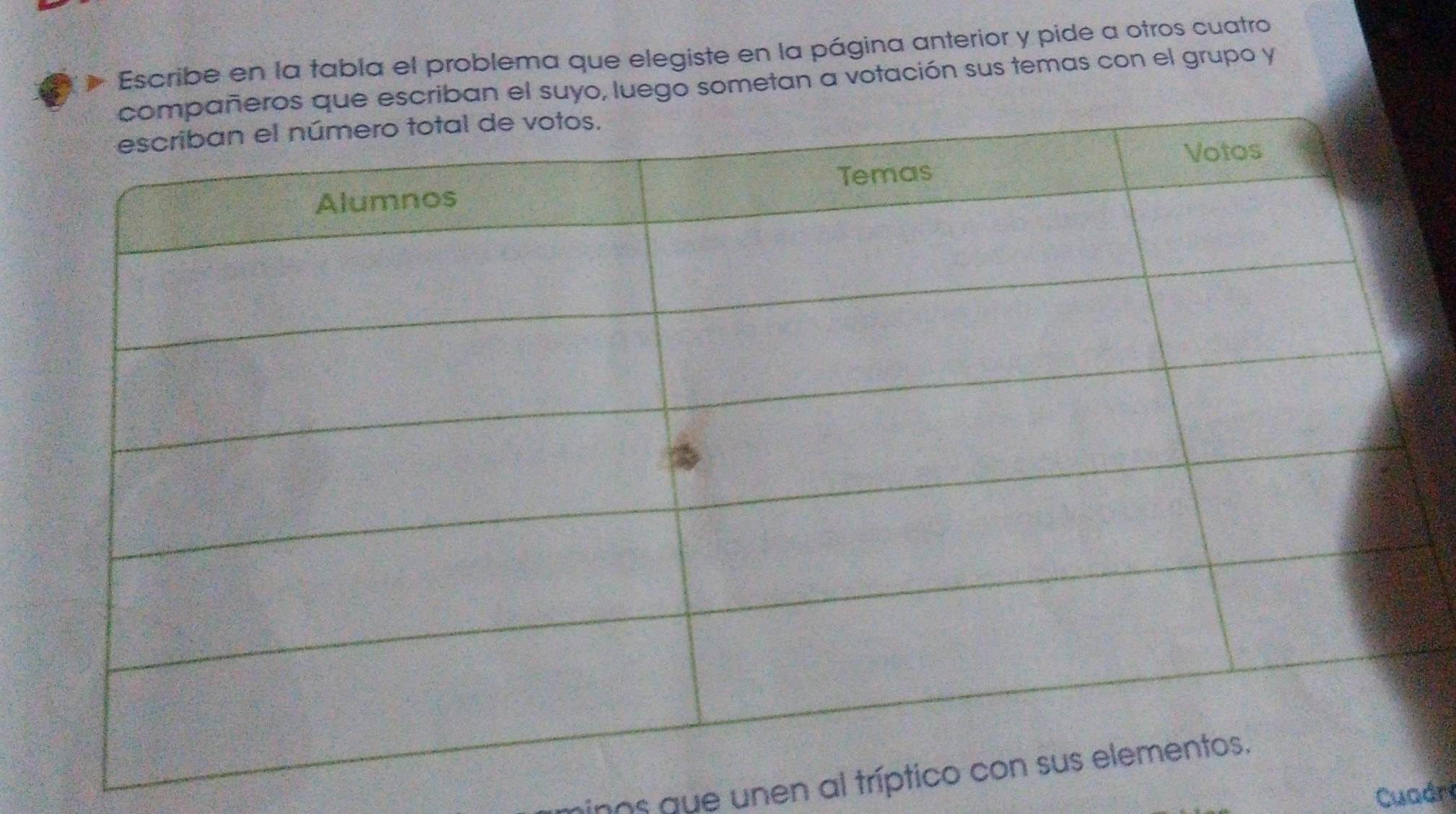 Escribe en la tabla el problema que elegiste en la página anterior y pide a otros cuatro 
que escriban el suyo, luego sometan a votación sus temas con el grupo y 
sinos aue unen al tríptic 
Cuadr