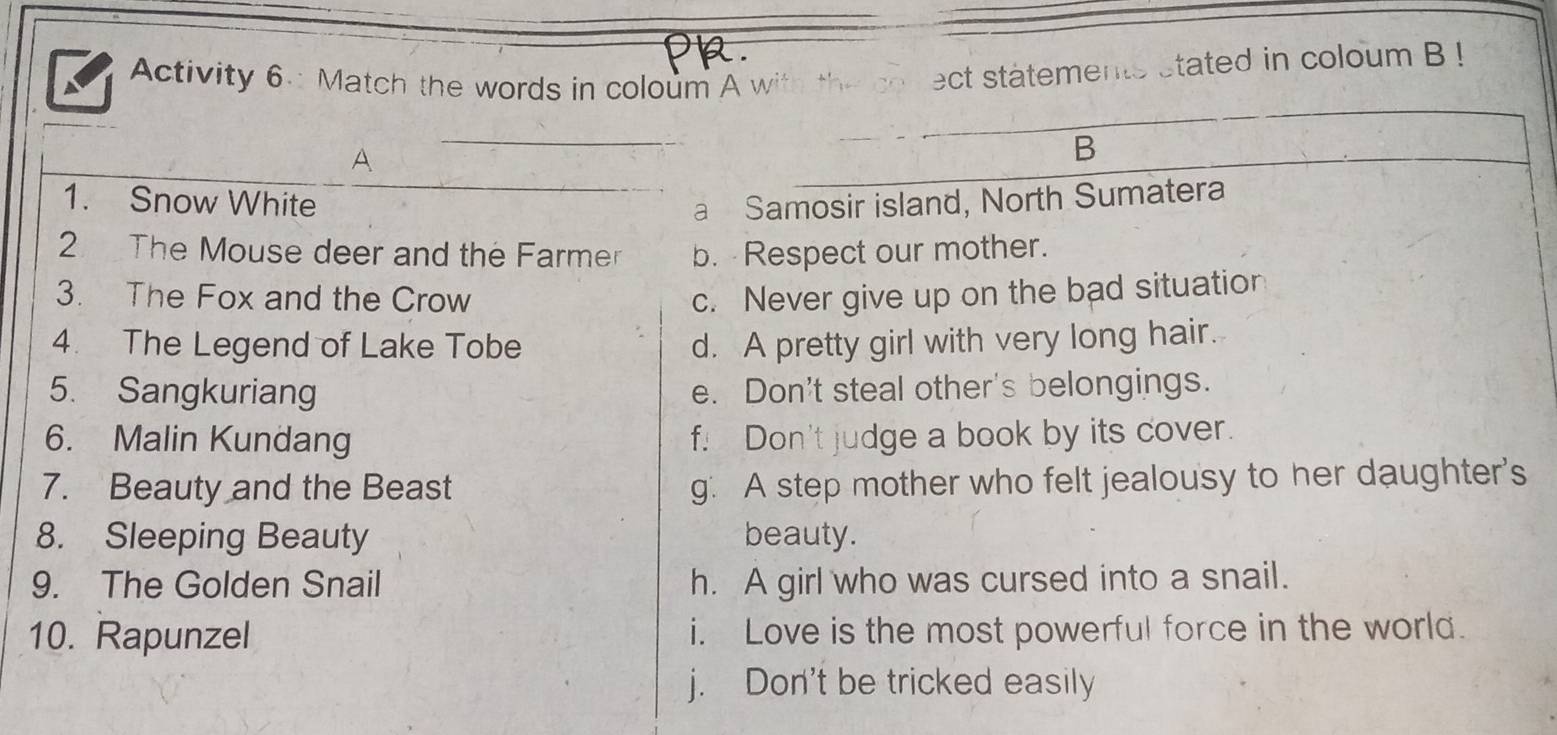 Activity 6.: Match the words in coloum A with the co ect statements stated in coloum B !
A
B
1. Snow White a Samosir island, North Sumatera
2 The Mouse deer and the Farmen b. Respect our mother.
3. The Fox and the Crow c. Never give up on the bad situation
4. The Legend of Lake Tobe d. A pretty girl with very long hair.
5. Sangkuriang e. Don't steal other's belongings.
6. Malin Kundang f! Don't judge a book by its cover.
7. Beauty and the Beast g: A step mother who felt jealousy to her daughter's
8. Sleeping Beauty beauty.
9. The Golden Snail h. A girl who was cursed into a snail.
10. Rapunzel i. Love is the most powerful force in the world.
j. Don't be tricked easily