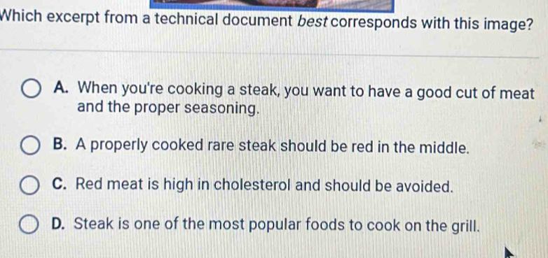 Which excerpt from a technical document best corresponds with this image?
A. When you're cooking a steak, you want to have a good cut of meat
and the proper seasoning.
B. A properly cooked rare steak should be red in the middle.
C. Red meat is high in cholesterol and should be avoided.
D. Steak is one of the most popular foods to cook on the grill.