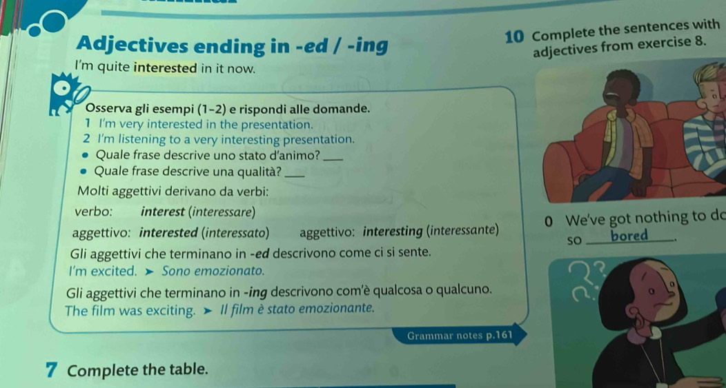 Complete the sentences with
Adjectives ending in -ed / -ing
ives from exercise 8.
I'm quite interested in it now.
Osserva gli esempi (1-2) e rispondi alle domande.
1 I'm very interested in the presentation.
2 I'm listening to a very interesting presentation.
Quale frase descrive uno stato d'animo?_
Quale frase descrive una qualità?_
Molti aggettivi derivano da verbi:
verbo: interest (interessare)
aggettivo: interested (interessato) aggettivo: interesting (interessante) 0 We've got nothing to do
so bored
Gli aggettivi che terminano in -ed descrivono come ci si sente.
I'm excited. > Sono emozionato.
Gli aggettivi che terminano in -ing descrivono com'è qualcosa o qualcuno.
a
The film was exciting. ➤ Il film è stato emozionante.
Grammar notes p.161
7 Complete the table.