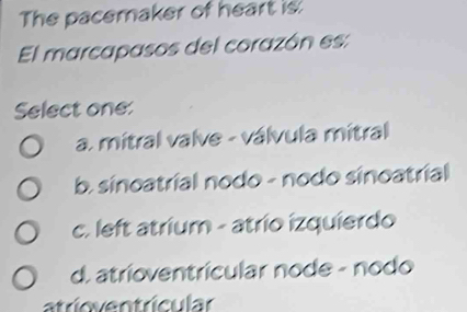 The pacemaker of heart is:
El marcapasos del corazón es:
Select one:
a. mitral valve - válvula mitral
b. sincatrial nodo - nodo sinoatrial
c. left atrium - atrío izquierdo
d. atrioventrícular node - nodo
atríoventrícular