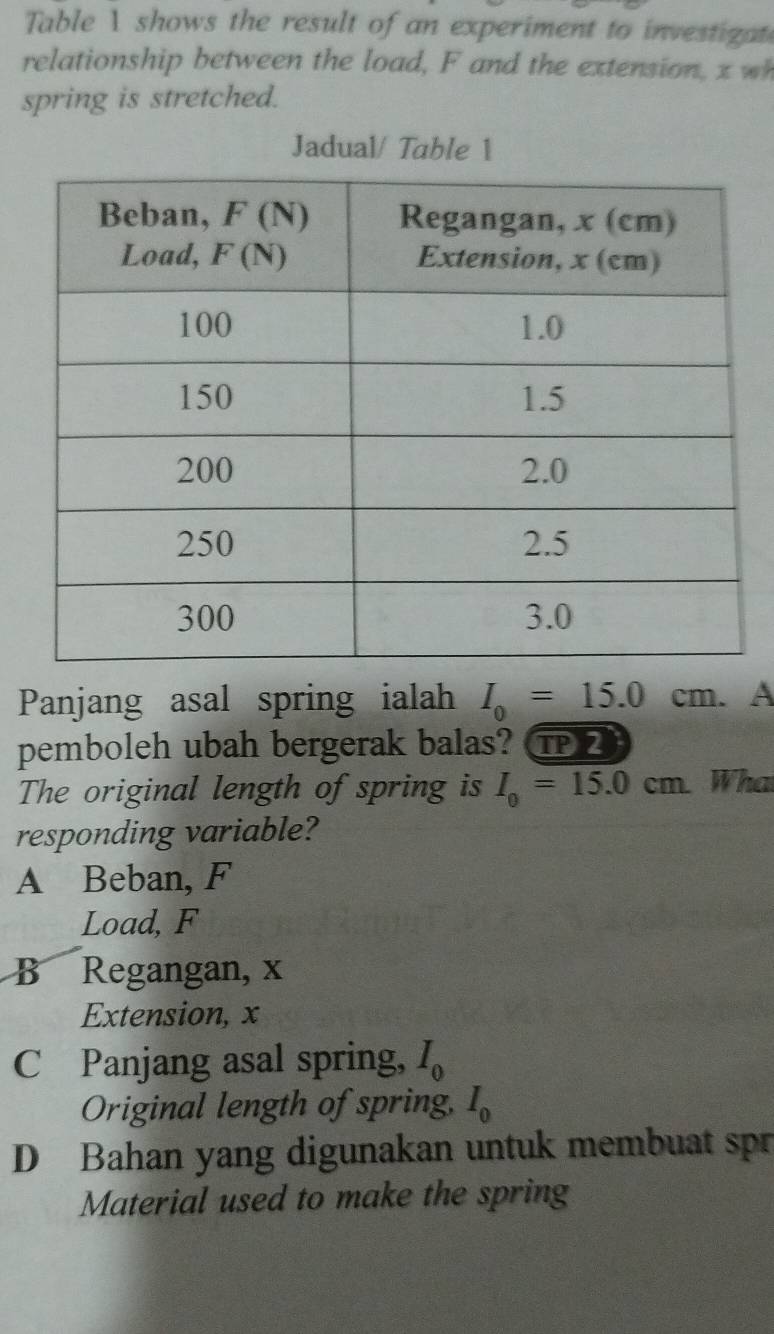 Table 1 shows the result of an experiment to investigat
relationship between the load, F and the extension, x wh
spring is stretched.
Panjang asal spring ialah I_0=15.0cm 、 A
pemboleh ubah bergerak balas? ①
The original length of spring is I_0=15.0cm. Wha
responding variable?
A Beban, F
Load, F
B Regangan, x
Extension, x
C Panjang asal spring, I_0
Original length of spring, I_0
D Bahan yang digunakan untuk membuat spr
Material used to make the spring