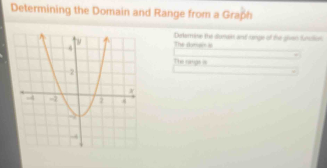 Determining the Domain and Range from a Graph 
Delurmine the doman and cange of the given fundon 
The domai à 
The range i