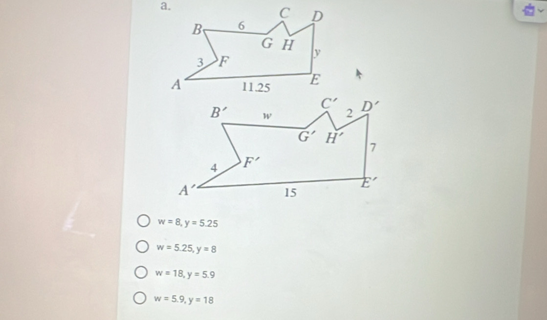 w=8,y=5.25
w=5.25,y=8
w=18,y=5.9
w=5.9,y=18