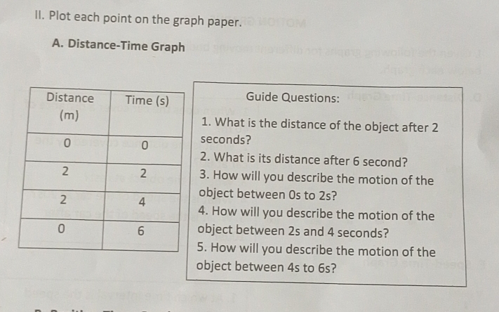 Plot each point on the graph paper. 
A. Distance-Time Graph 
Guide Questions: 
1. What is the distance of the object after 2
seconds? 
2. What is its distance after 6 second? 
3. How will you describe the motion of the 
object between 0s to 2s? 
4. How will you describe the motion of the 
object between 2s and 4 seconds? 
5. How will you describe the motion of the 
object between 4s to 6s?