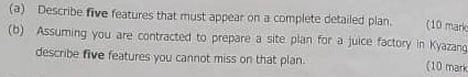 Describe five features that must appear on a complete detailed plan. (10 mark 
(b) Assuming you are contracted to prepare a site plan for a juice factory in Kyazang 
describe five features you cannot miss on that plan. (10 mark