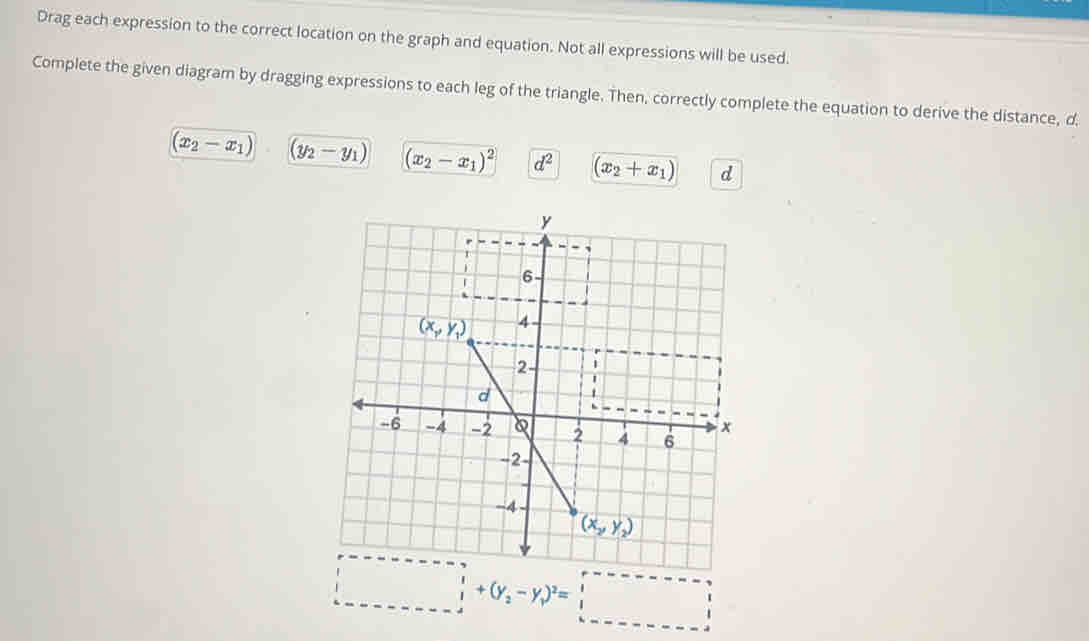 Drag each expression to the correct location on the graph and equation. Not all expressions will be used.
Complete the given diagram by dragging expressions to each leg of the triangle. Then, correctly complete the equation to derive the distance, d.
(x_2-x_1) (y_2-y_1) (x_2-x_1)^2 d^2 (x_2+x_1) d
□ +(y_2-y_1)^2=□