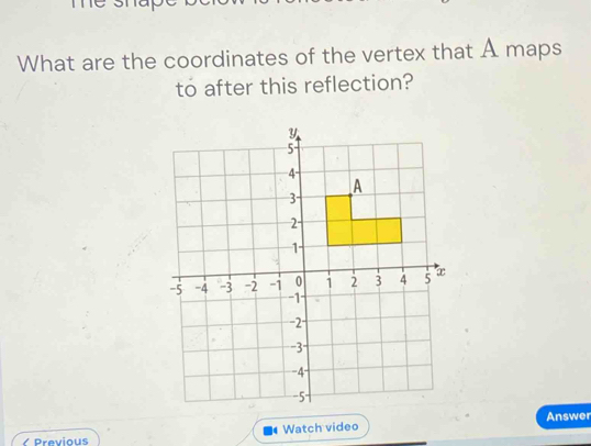 What are the coordinates of the vertex that A maps 
to after this reflection? 
1 Watch video Answer 
( Previous